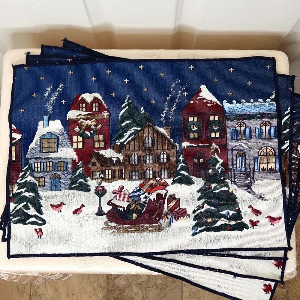 Christmas holiday winter village scene woven placemats kitchen set of 4
